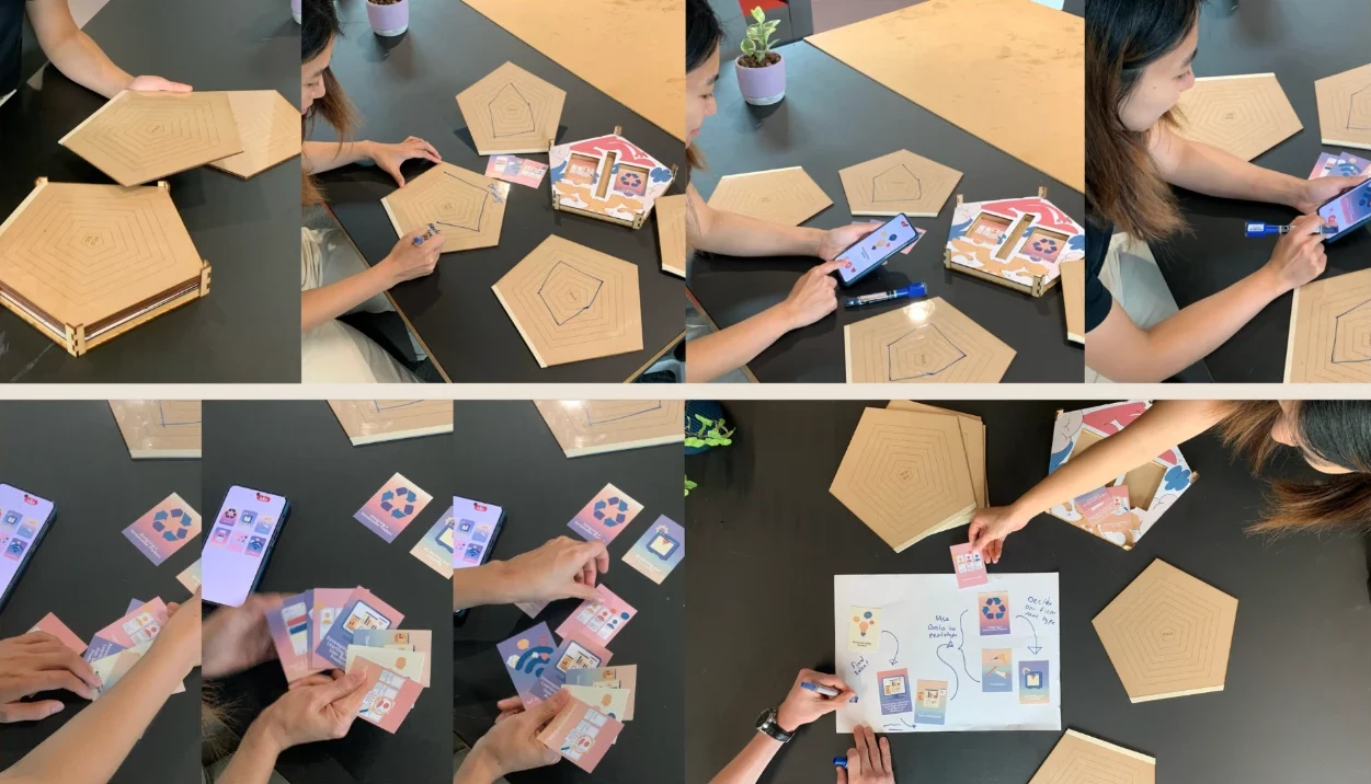 Collage of early prototypes: pentagon-shaped wooden self-assessment boards, illustrated cards and a phone app being tested on a table